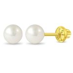 18k Yellow Gold Classic 6mm Cultured Pearl Girl's Safety Screw Back Baby Earrings - Fits Young Girls to Teens - Elegant 18k Gold White Pearl Earrings Stud Perfect Jewelry for Any Occasion