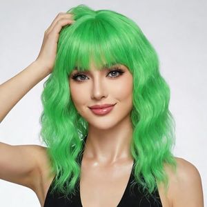 yumtaro Pastel Grass Green Wavy Bob Wig for Women, Short Shoulder Length Synthetic Wig with Bangs, Matte Natural Realistic Look Lightweight Hairpiece, Green Color for Daily Wear & Cosplay Costume