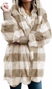 Women Hooded Cardigan Fuzzy Jacket Winter Open Front Fleece Coat Outwear with Pockets Khakiplaid L