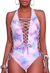 Holipick Women Sexy One Piece Swimsuit One Shoulder Bathing Suit Lace Up Swimwear, Pink and Purple, X-Large