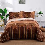 Brown Geometric Duvet Cover Golden Stripes Bedding Set, Reversible Lightweight Bedding Sets 3pcs with Zipper Closure (Double, 200x200cm)