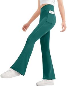 JOCMIC Girls Flare Leggings Kids Bell Bottom Flared Yoga Pants High Waisted Athletic Tight with Pockets Deep Green 11-12 Years