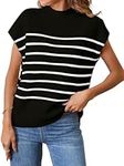 MEROKEETY Women's 2024 Sleeveless Mock Neck Striped Sweater Vest Cap Sleeve Ribbed Knit Pullover Tank Tops, Black, Large