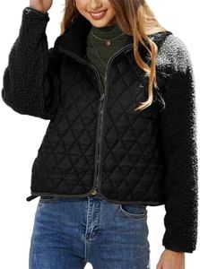 AIWUFLY Women's Fuzzy Fleece Jacket Cropped Sherpa Coat Long Sleeve Zipper Lightweight Quilted Outwear Black Medium