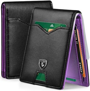 GSOIAX Mens Slim Wallet for Men Minimalist Genuine Leather Carbon Fiber Rfid Blocking Bifold Credit Card Holder With Gift Box (Black and Purple)