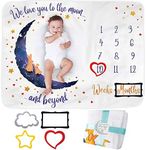 Baby Milestone Blanket | Monthly Photo Mat for Boy or Girl, Unisex | Moon & Stars Theme | Personalised Baby Shower Present for New Mums | Age Mat | Soft & Comfortable | Includes Coloured Frames