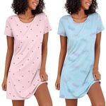 Ekouaer Ladies Nighties Nightgowns for Women 2 Pack Night Shirts Short Sleeve Sleapwear Soft Night Dress Women uk, Flying+Heart, L