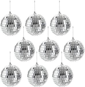Suwimut 9 Pack Mirror Disco Ball, 4 Inch Small Reflective Mirror Ball Ornaments Silver Hanging Disco Balls with Attached String for Reflect Light, Party Favor, Home Bands Decorations, Stage Props