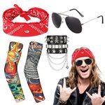 WUERKIYA Punk Gothic Rocker Kit 6 Pcs Including 2 pcs Arm Fake Tattoo Sleeves Cover 2 Pcs Punk Chain PU Leather Bracelet Punk Bandanas Sunglasses 70s 80s 90s Heavy Metal Disco Costume Accessories