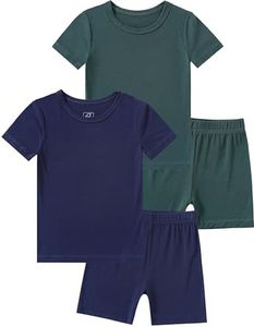 JunNeng Bamboo Viscose Toddler Pajamas,Baby Boy Girl Solid Snug Fit Short Sleeve Summer Sleepwear PJS,Dark Green+Dark Blue 6-7 Years