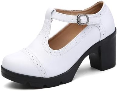 DADAWEN Women's Classic T-Strap Platform Mid-Heel Square Toe Oxfords Dress Shoes White US Size 8