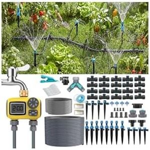 TRJZWA 150FT Drip Irrigation System Kit with 2 Zone Water Timer for Garden,High-Flow Mainline Automatic Watering System,16PCS Adjustable Nozzles,Fast-Plug Tube for Agricultural Yard,Lawn,Greenhouse