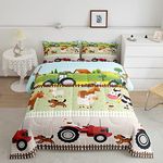 Tractor Bedding Sets for Boys Queen Size Toddler Kids Cute Cartoon Farm Animals Comforter Set Girls Children Farmhouse Country Down Comforter for All Season Colorful Room Decor Nature Theme Duvet Set