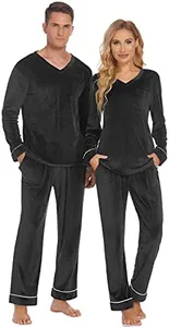 Ekouaer Couples Matching Pajamas Sets Velvet PJs Set for Men and Women Velour Long Sleeve Sleepwear S-XXL Black