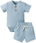 Ledy Champswiin Summer Newborn Baby Boy Girl Clothes Set Ribbed Outfits Unisex Infant Solid Short Sleeve Tops Shorts 2PCS, Ribbed Shorts Blue, 0-3 Months