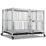 GarveeLife 42" Dog Crate Heavy Duty Cage Kennel with Wheels, Full Stainless Steel High Anxiety Indestructible Dog Crate, Sturdy Locks Design, Double Door Small Door Design & Removable Tray Design