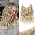 REECHO Invisible Wire Hair Extensions with Thinner Softer Lace Weft Adjustable Size Removable Secure Clips in Wavy Secret Hairpiece for Women 12 Inch (Pack of 1) - Dark Blonde with Light Blonde Ends