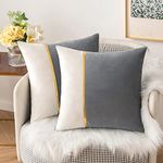 MIULEE Pack of 2 Decorative Velvet Throw Pillow Covers Patchwork with Gold Leather Square Soft Solid Pillowcases Couch Pillows Cushion Covers for Bed Sofa Living Room 18 X 18 Inch Grey