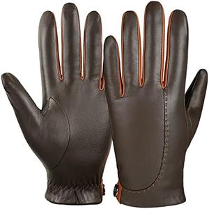 GSG Mens Full Palm Touchscreen Italian Genuine Nappa Leather Gloves Colorblock Winter Warm Driving Glove S/M Lt Brown-HI