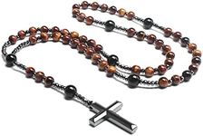 COLORFUL BLING Natural Stone Tiger Eye Black Stone Rosary Cross Pendant Christ Catholic Prayer Necklace for Men Religious Jewelry-red tiger eye, Stone Metal