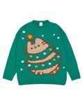 Pusheen Womens Christmas Jumper in Green | Long Sleeve Graphic Knitted Sweater for Adults | Warm The Cat Festive Holiday Long Sleeve Knitwear Top | Pullover Knit Merchandise Gift for Her