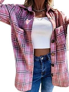 StunShow Women's Plaid Shirt Long Sleeve Regular-fit Jacket Buttoned Casual Cotton T-Shirt Pink，XXL