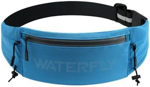 WATERFLY Running Belt Fanny Pack: Breathable 3 Pocket Waist Bag for Men Women Workout Exercise Fitness Phone Holder Fits All Phones - Runner Marathon Jogging Race Belt with Bib Clip Blue