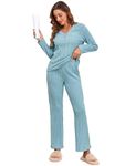 Famulily 2 Piece Lounge Set Women, Button Down V Neck Knit Top Flowy Pants with Pocket Postpartum Pajamas Sky Blue L