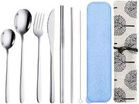 QLFJ-FurDec 9 Pcs Portable Travel Utensils Set, Stainless Steel Reusable Flatware Set, Cutlery Set with Knife Fork Spoon Chopsticks Cleaning Brush Straws Case Set for Camping, Picnic, Office, School(Silver)