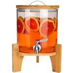 Belle Vous Glass Drink Dispenser with Stainless Steel Tap & Bamboo Stand - 5L/1.3 Gallons Cold Beverage Dispenser for Water, Juice, Lemonade & Parties