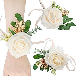 Bacucine Rose Flower Wrist Corsages Bridesmaid Wristlet Band Bracelet and Boutonniere Set for Men Women Wedding Prom Suit Decorations (Champagne)