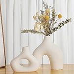 CEMABT White Ceramic Vase Set of 2 for Modern Minimalist Bohemian Decor，Round Matte Donut Vases for Pampas Grass-Perfect for Living Room, Dining Table, Office Bedroom Shelf Decor Christmas Day Gifts