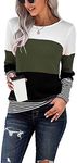 SMENG T Shirts for Womens Clothes UK Long Sleeve Jumper Patchwork Crew Neck Color Block Sweatshirts Quality Clothes Striped Pullover Green Size(UK10-12)