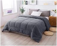 KASENTEX Luxury Plush Sherpa Comforter, Ultra Soft Cozy Reversible Fleece - Goose Down Alternative Fill, Machine Washable Bedding, Excalibur Grey, Queen Size