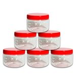 AFSUK 6 x 200ml Plastic Storage Jar With Screw Top Lids Red Airtight Food Storage Containers BPA Free For Kitchen, Herb, Spices, Sweets Clear Round Canister pots