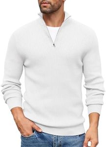 COOFANDY Jersey Hombre Invierno Suéter Cuello Alto Regular Fit Jersey de Canalé con Cremallera de un Cuarto Suéteres de Punto Blanco S