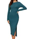 Famulily Ladies Button Long Sleeve Knit Dress Comfy Stretchy Tunic Sweater Dress Crewneck Winter Long Sleeve Tops Green XL
