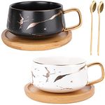 Peohud 2 Pack Ceramic Tea Coffee Cup, 10 OZ Coffee Mug with 304 Stainless Steel Spoon and Bamboo Saucer, Marble Espresso Cups for Latte, Cappuccino, Americano, White and Black