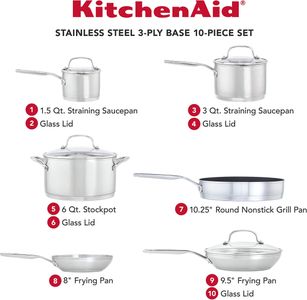 KitchenAid 10-Piece Stainless Steel Induction Cookware Set – Nonstick Grill Pan, Dishwasher Safe