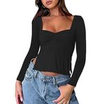 CAIAQAZY Women's Long Sleeve Crop Tops Tight Sweetheart Neck Sexy Pleated Bustier Y2K Slits Tee Shirt Going Out Streetwear Black