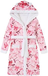 Funnycokid Girls Robes Size 12-14 Pink Bow Kids Hooded Bathrobe Soft Fleece Pajamas Plush Flannel Sleepwear 13-14 Years