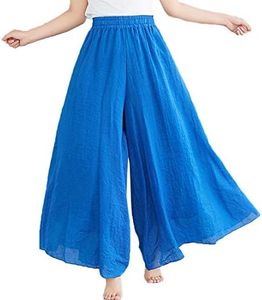 Flygo Women's Pull-On Elastic Waist Wide Leg Linen Pant Palazzo Pants Culottes (Length - 95CM, Royal Blue)