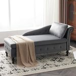 BTM Upholstered Lounge Sofa, Velvet Chaise Lounge with Right Armrest, Chaise Lounge Sofa with Storage and Pillow for Living Room, Bedroom and Office, Grey