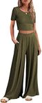 Ekouaer Women's 2 Piece Lounge Sets Short Sleeve Pajama Set Ribbed Knit Crop Top Wide Leg Pants Loungewear,Army Green,M