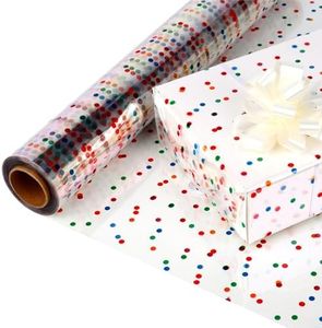 CMFYHM Extra Wide Clear Cellophane Wrap Roll(17" x 100’Ft) Multicolor Polka Dots Transparent Thicker Cellophane Roll, Cellophane Wrap for gift baskets， Flowers, Holiday,Christmas Decorations