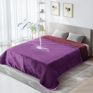 LOOBANI Waterproof Blanket for Bed: Reversible Flannel Throw Blanket 60" x 80", Couples Blankets for Couch Washable, Spill-Proof Dogs Splash Blanket for Sofa, Camping, Travel, Purple