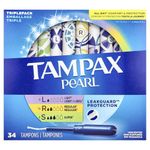 Tampax Pearl Tampons, Light/Regular/Super Absorbency with LeakGuard Braid, Triple Pack, Unscented, 34 Count