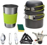 Camping Cookware Kit, ISFORU 10PCS Outdoor Cooking Mess Set Non Stick Pot and Pans Lightweight Backpacking Hiking Utensil Gear with Mini Stove for 1 to 2 People Traveling Trekking and Picnic