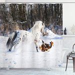 Ambesonne Horses Shower Curtain, Appaloosa Pony and Sable Border Collie Runs Gallop in Winter Photo Print, Cloth Fabric Bathroom Decor Set with Hooks, 70" Long, Multicolor