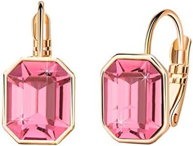 Austrian Crystal Octagon Leverback Drop Earrings for Women 14K Rose Gold Plated Hypoallergenic Jewelry, Brass Rose Gold, crystal